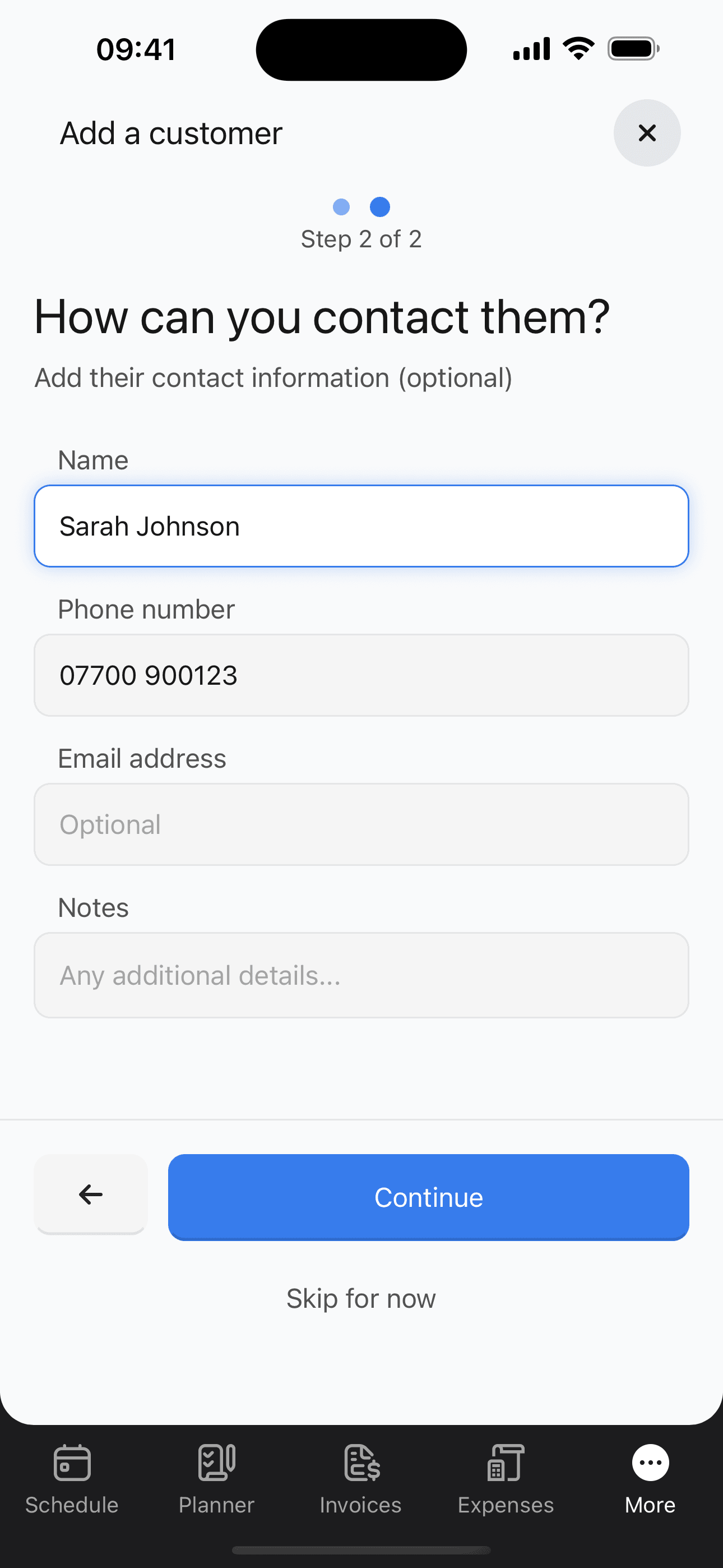 Add customer form with name, address, and contact fields
