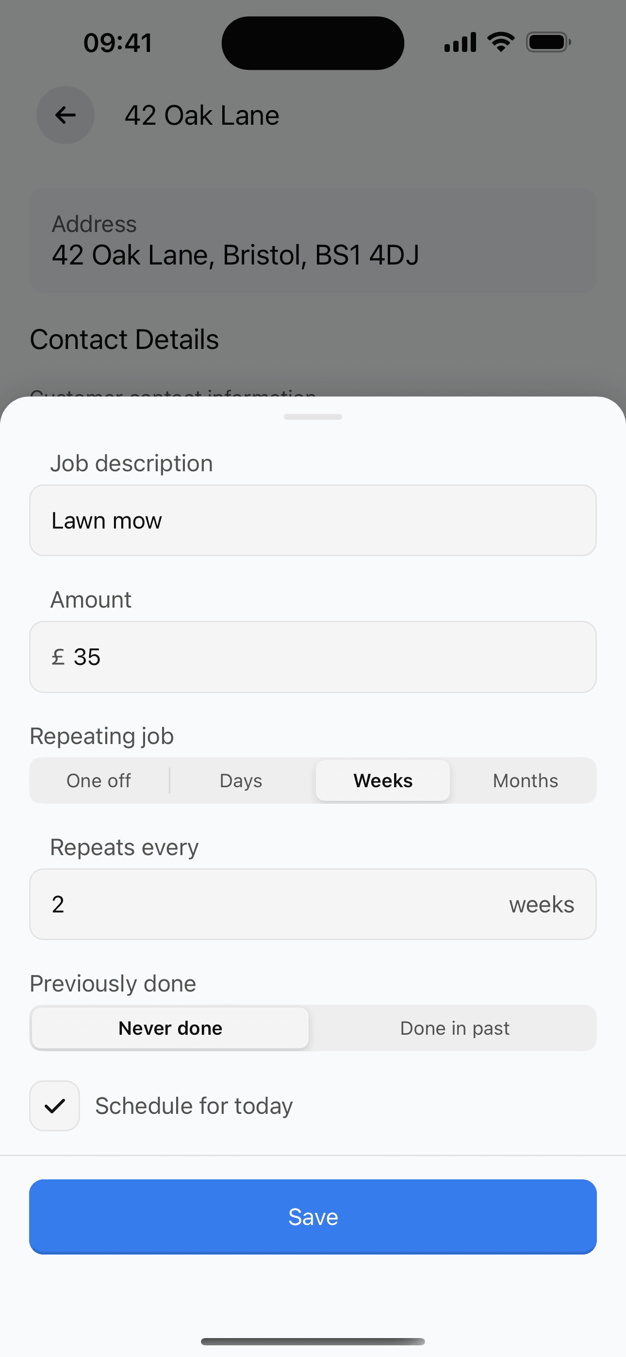 Add job bottom sheet with description, amount, frequency, and schedule options
