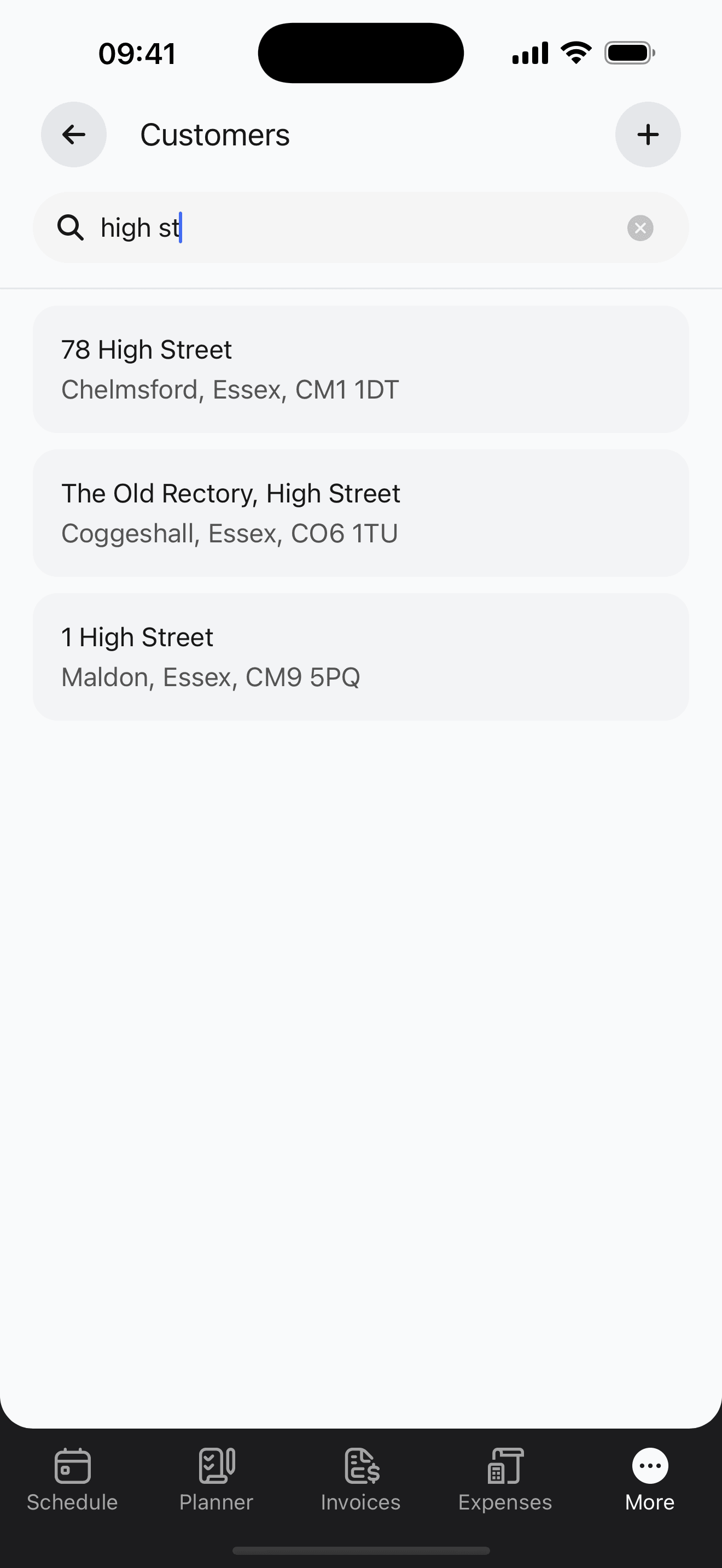 Customer search showing instant results for 'high st' with 3 matching addresses across different towns