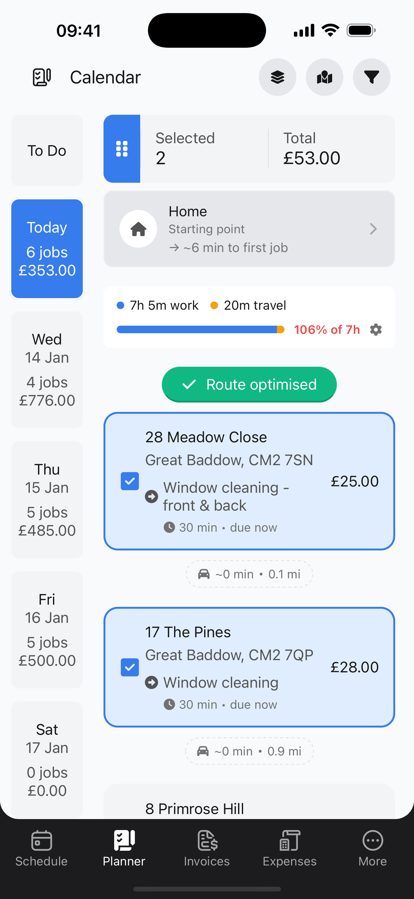 Planner view with Route optimised badge and work/travel time breakdown