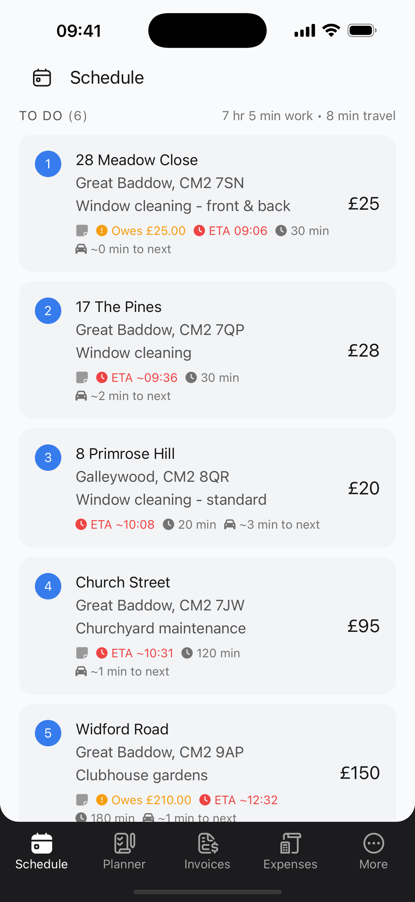 Schedule showing 5 jobs with addresses, ETAs, durations, travel times, and outstanding balance warnings