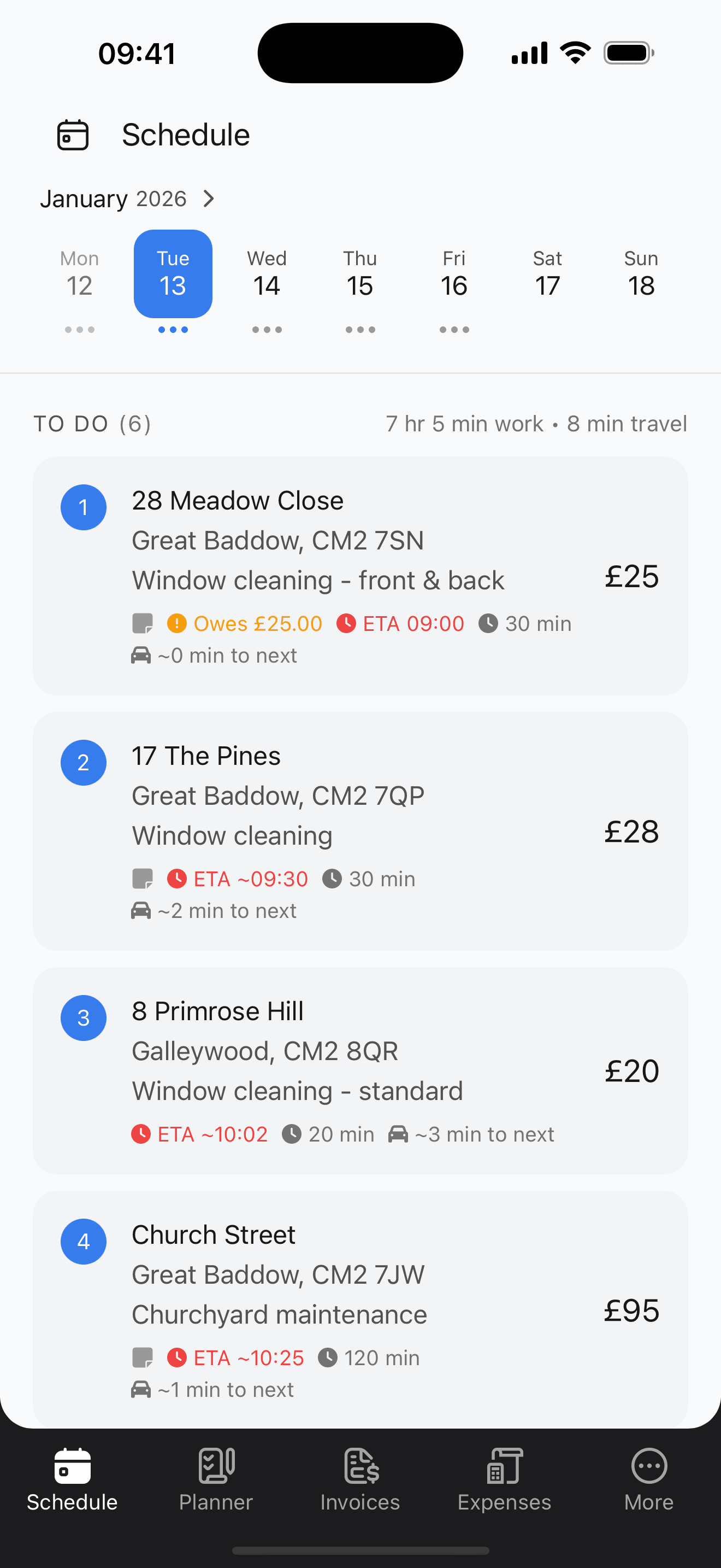Scheduling Hero schedule with weekly calendar, 4 jobs showing ETAs, addresses, and outstanding balance warning